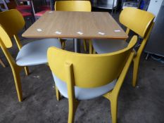 * set of table and 4 chairs yellow wood frame chairs with grey upholstered pads, stainless brushed
