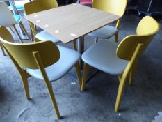 * set of table and 4 chairs yellow wood frame chairs with grey upholstered pads, stainless brushed