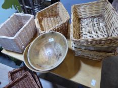 * collection of 5 wicker baskets and 2 wooden turned bowls