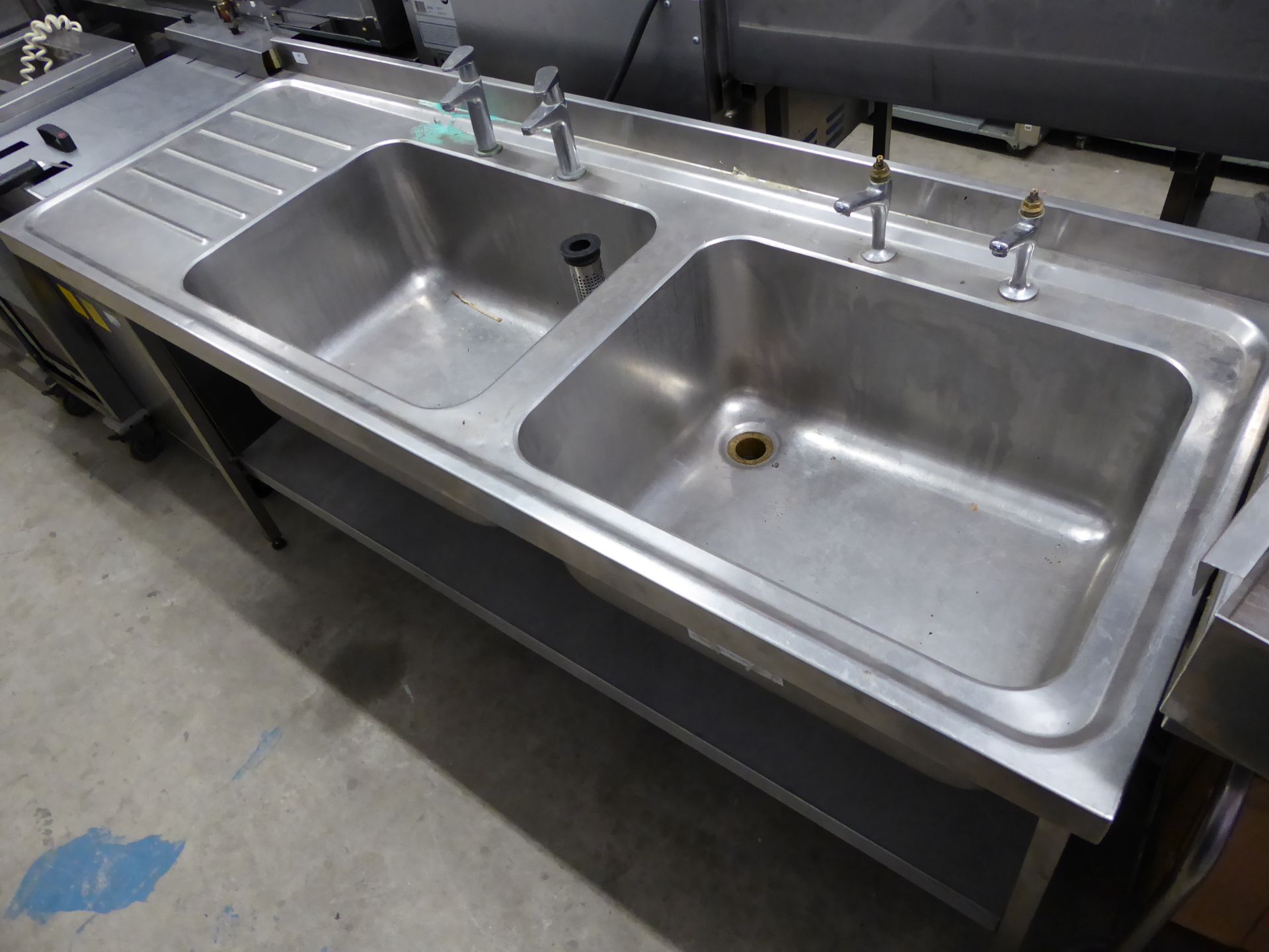 * stainless steel double sink with large bowls and left hand drainer 1800 x 650 x 850 - Image 2 of 2