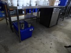 * large stainless steel prep bench, angled corner with three shelves and bonzer tin opener 2800 x