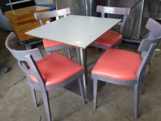 * set of table and 4 chairs, grey wood framed chairs with red upholstered pad, stainless brushed