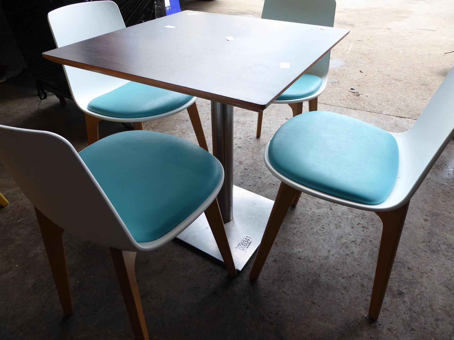 * set of table and 4 chairs - white chairs with turquoise base had and heavy-duty brushed