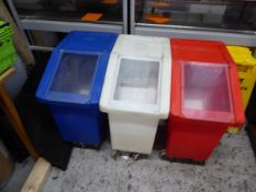 * 3 x bins on castors - white, red, blue. with flap lid