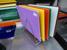 * set of 6 colour-coded chopping boards with rack
