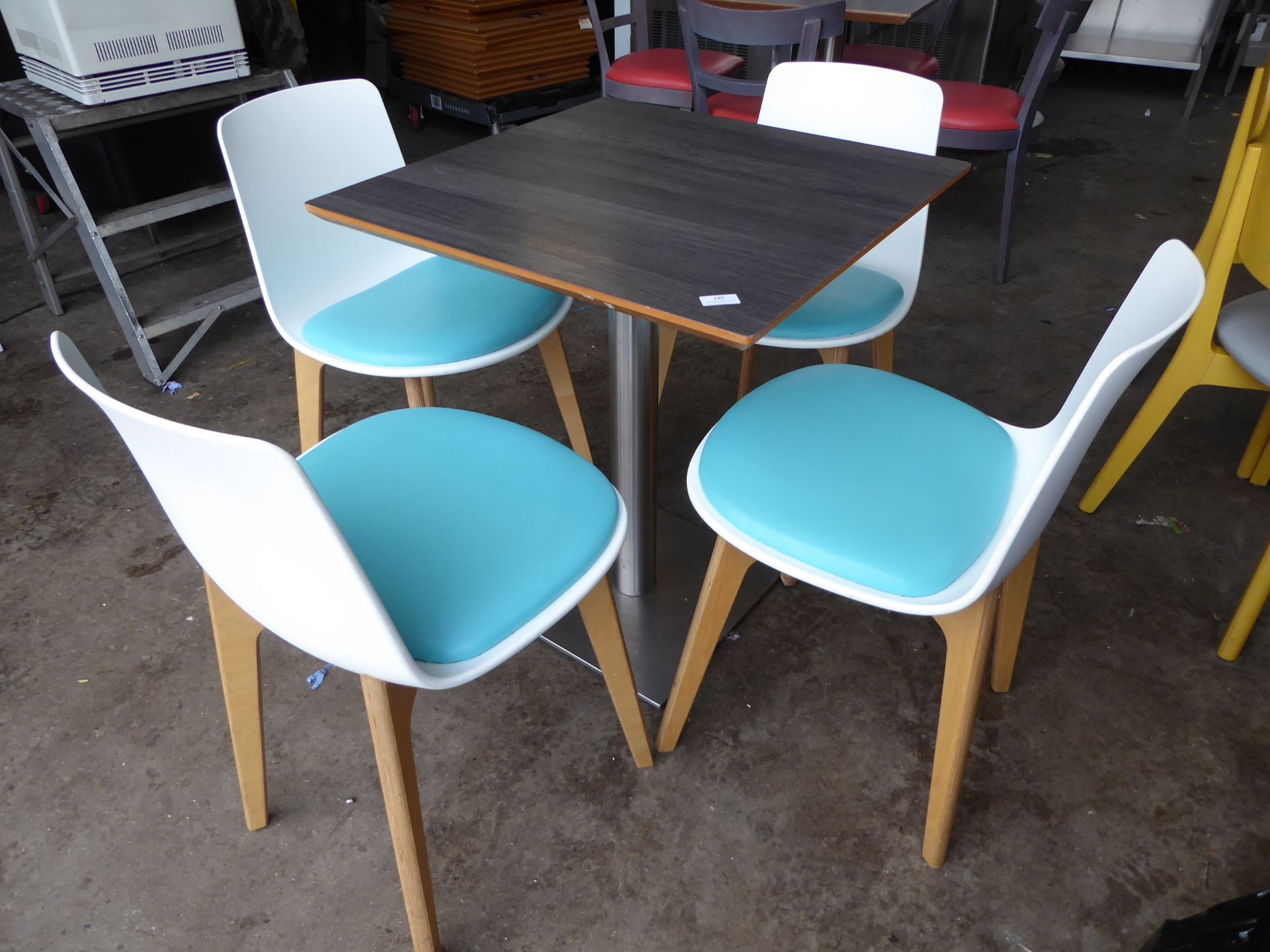 * set of table and 4 chairs - white chairs with turquoise base had and heavy-duty brushed