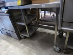 * prep bench on castor's with under shelving 1000 x 600 with 550 aperture beneath for appliances