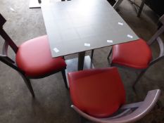 * set of table and 4 chairs, grey wood framed chairs with red upholstered pad, stainless brushed