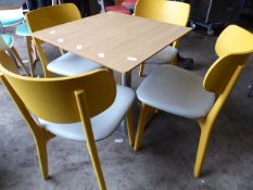 * set of table and 4 chairs yellow wood frame chairs with grey upholstered pads, stainless brushed