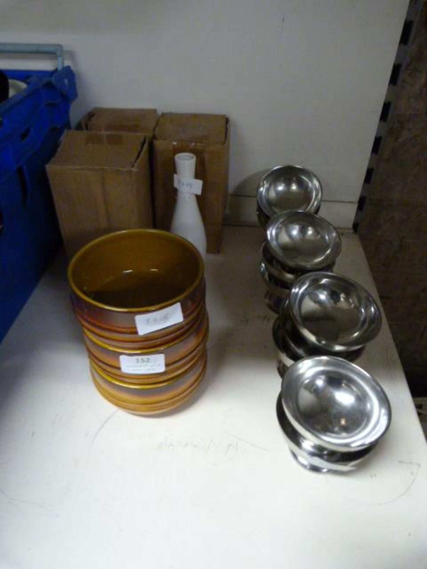 Quantity of Small Stainless Steel Dishes, Pottery Bowls, etc.