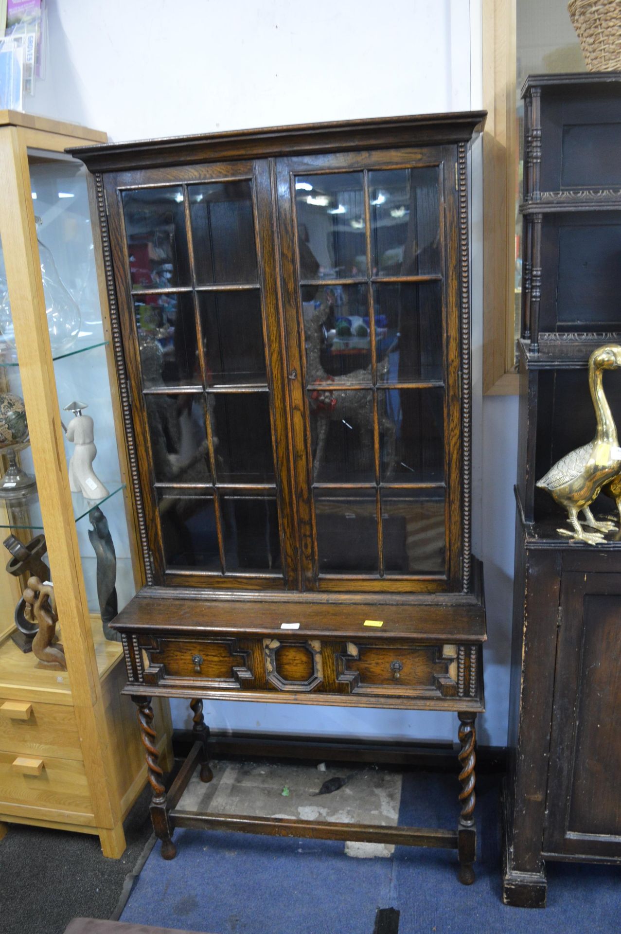 Edwardian Oak Glazed Bookcase on Barley Twist Supp