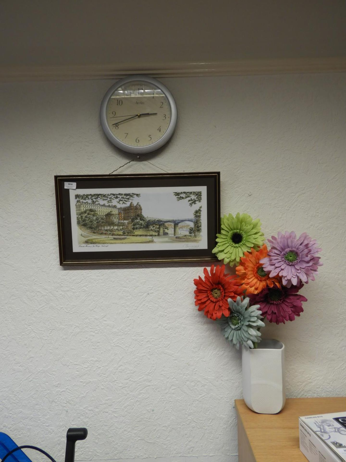 *Signed Print Depicting Scarborough Scene, plus a Wall Clock, and a Dried Flower Arrangement