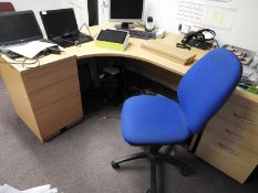 *L-Shape Desk with Lefthand Return, Standalone Drawer Pedestal and Blue Chair