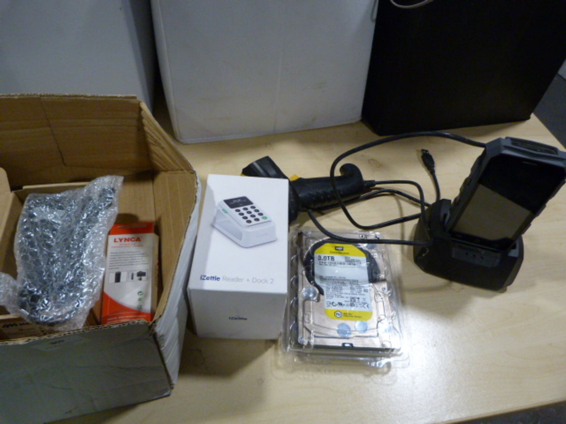 *Box Containing Pocket PC Barcode Reader, iZettle Card Reader, 3TB Hard Drive, etc.