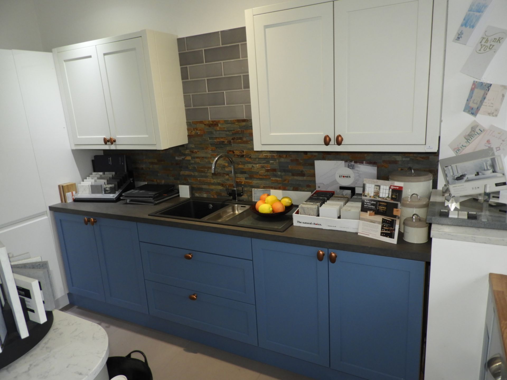 *Kitchen Display Comprising of Blue Base Units, Grey Worksurface with Inset Sink and Swan Neck