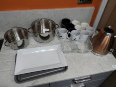 *Two Induction Pans, Cups, Cookware, etc.