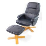 A Clifford James black leatherette swivel recliner armchair, raised on a five leg bent wood base,