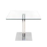 A contemporary glass topped occasional table, raised on four square stainless steel columns, above a