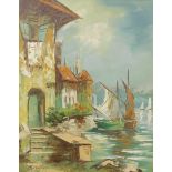 Olivia (Continental, 20thC). Mediterranean coastal scene, with fishing boats and houses, oil on