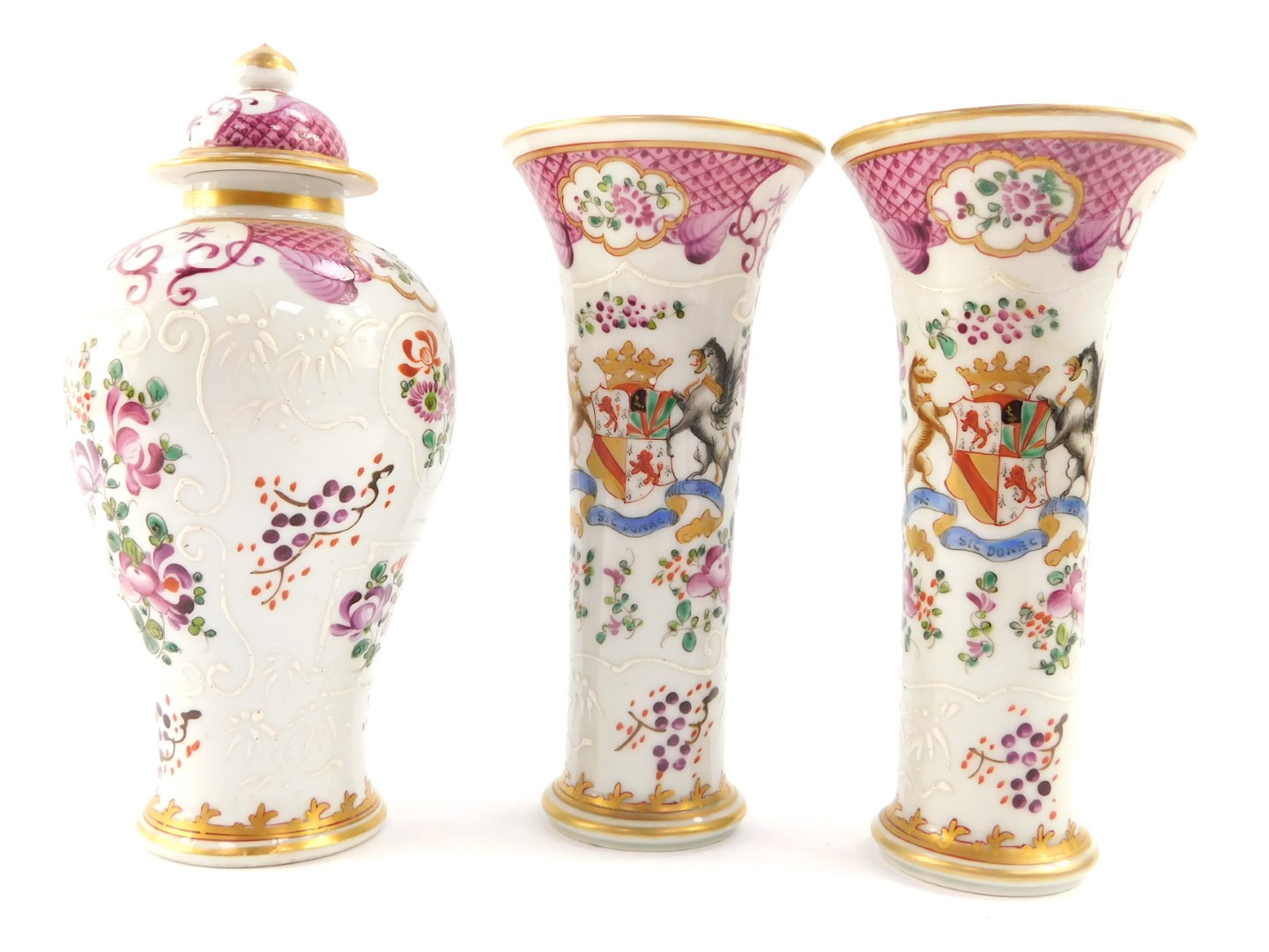 A Samson late 19thC porcelain garniture of vases, decorated in the Chinese export style with