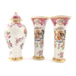 A Samson late 19thC porcelain garniture of vases, decorated in the Chinese export style with