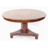 A Victorian mahogany circular tilt top breakfast table, raised on an octagonal column above a