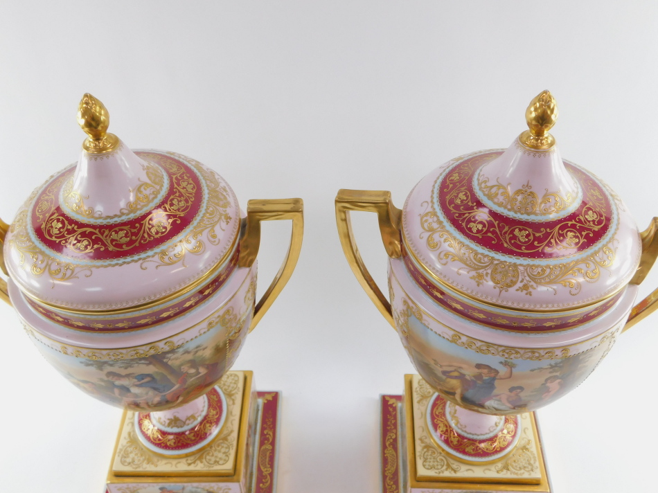 A pair of Vienna style late 19thC porcelain vases and covers, mounted on plinths, of twin handled - Image 4 of 6