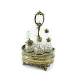 A Victorian silver plated and cut glass six bottle cruet on stand, 30cm high.