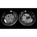 A pair of Japanese botanical glass plates by T Yamanoto for Hoya Crystal, intaglio etched with