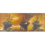 Hawkes (British, late 20thC). Three fishing boats moored at low tide, sunset beyond, oil on board,