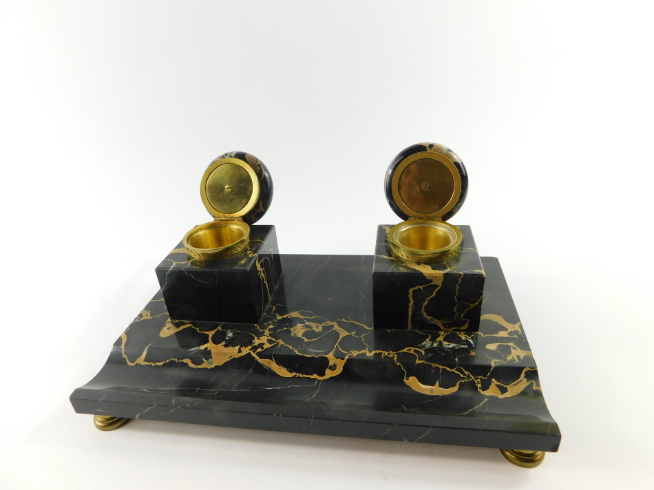 A French late 19thC veined black marble desk stand, with a pair of square integral inkwells with - Image 2 of 5