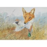 Cecil Hodgkinson (British, 1895-1979). A fox and mallard in the marshes, watercolour, signed, 24cm x