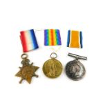 Three Great War medals, named to private Percy Judd, first Bn. Wiltshire Regiment, service no.