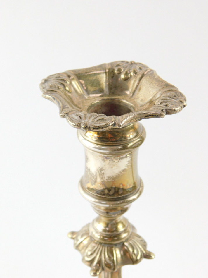 A pair of George III loaded silver candlesticks, of turned form with embossed scroll decoration, - Image 4 of 7