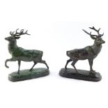 After Antoine-Louis Barye (French 1795-1875). A pair of loaded and green patinated figures of