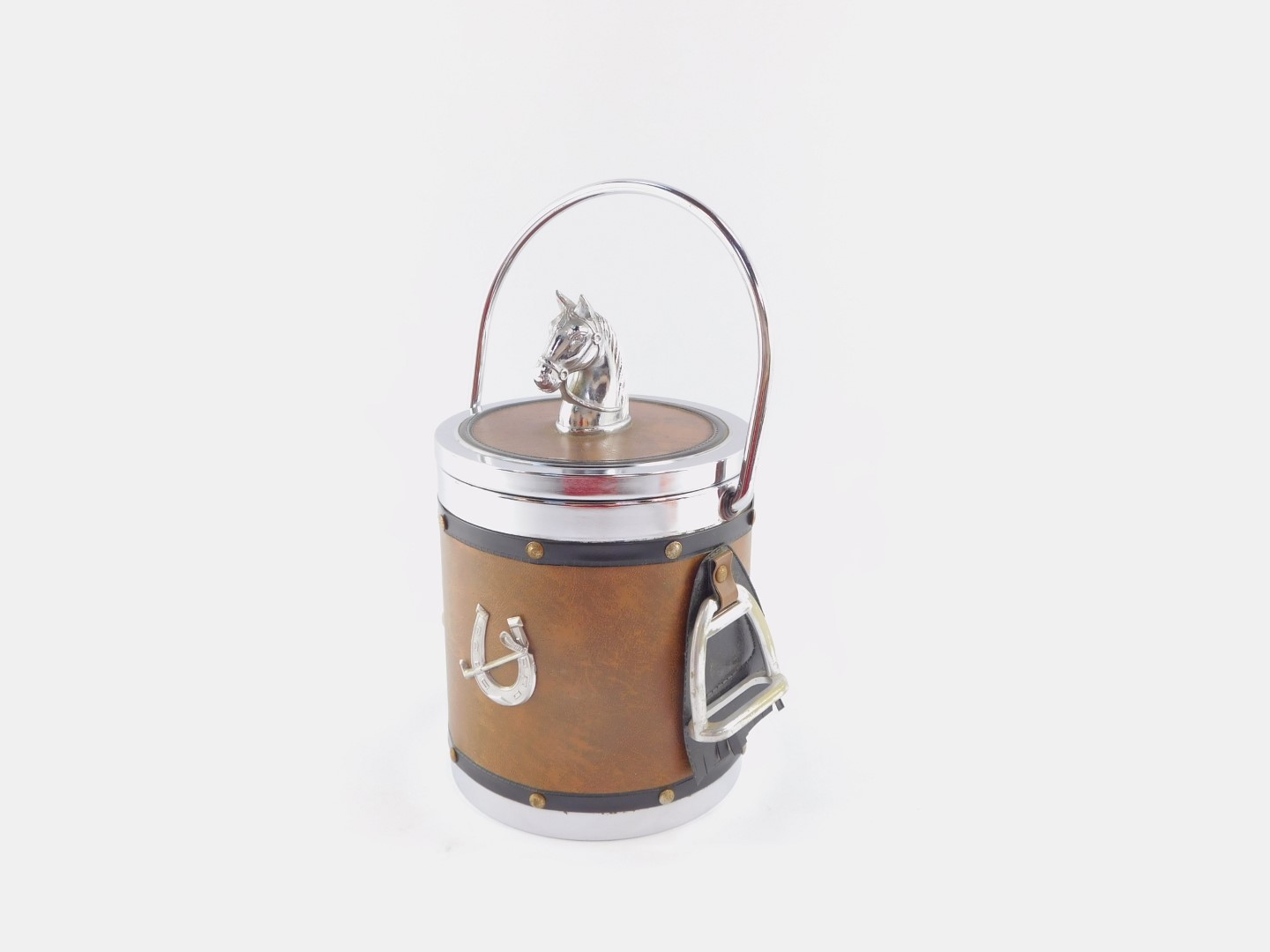 A mid 20thC novelty equestrian ice bucket, bound in faux leather, with swing handle, horse's head - Image 2 of 2