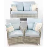 A Dobbies Lloyd Loom style three piece conservatory set, in grey, with turquoise and striped