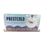 A mid 20thC Prestcold Refrigeration glass advertising clock, of rectangular section, with a circular