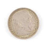 A German Third Reich 5 Reichsmark coin 1936, obverse bust portrait commemorating the life of
