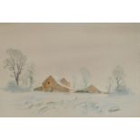 Trevor Rankin (British, 20thC). Farm buildings in a snowy landscape, watercolour, singed, 24cm x