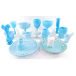 Sowerby and other late 19thC vitro-porcelain turquoise glass ware, including goblets, vases, plates,