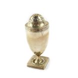 A George III silver sugar caster, of plain baluster form, raised on a square base, Peter Ann and