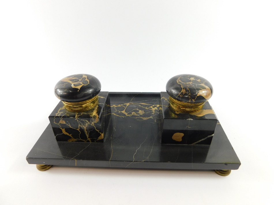 A French late 19thC veined black marble desk stand, with a pair of square integral inkwells with - Image 4 of 5