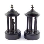 A pair of Victorian slate and brass garniture temples, each with five fluted columns, one with a