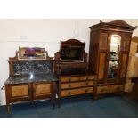 A Victorian mahogany and burr walnut bedroom suite, comprising a single wardrobe with curved