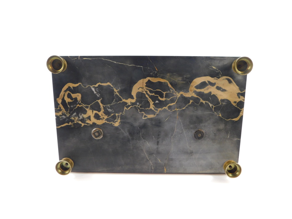 A French late 19thC veined black marble desk stand, with a pair of square integral inkwells with - Image 5 of 5