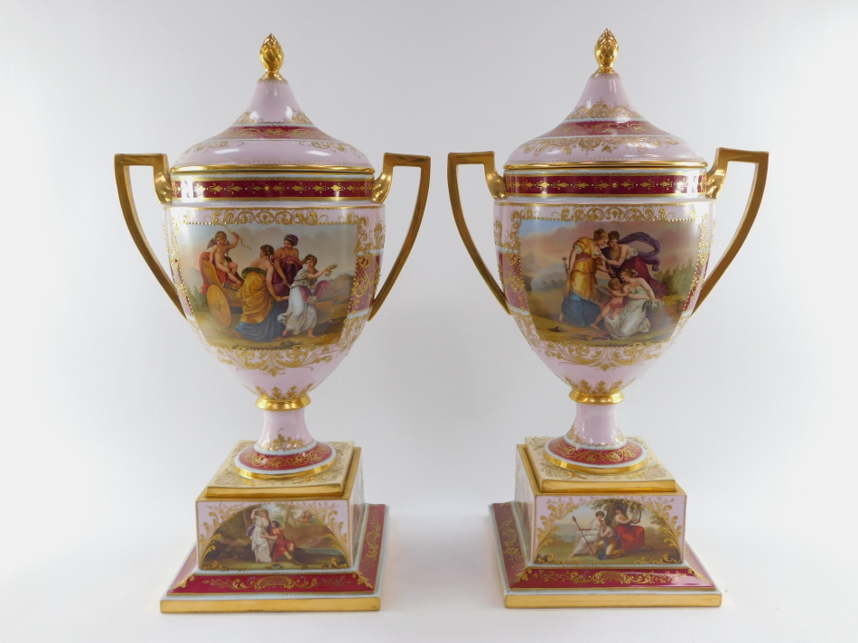 A pair of Vienna style late 19thC porcelain vases and covers, mounted on plinths, of twin handled - Image 5 of 6