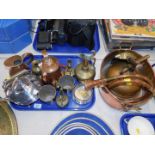 Copper and brassware, including Indian brass ewers, plated tea kettle on stand, candle snuffer,