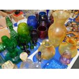 Assorted coloured glassware, including vases, bowls, dishes, candlestick, etc. (3 trays)