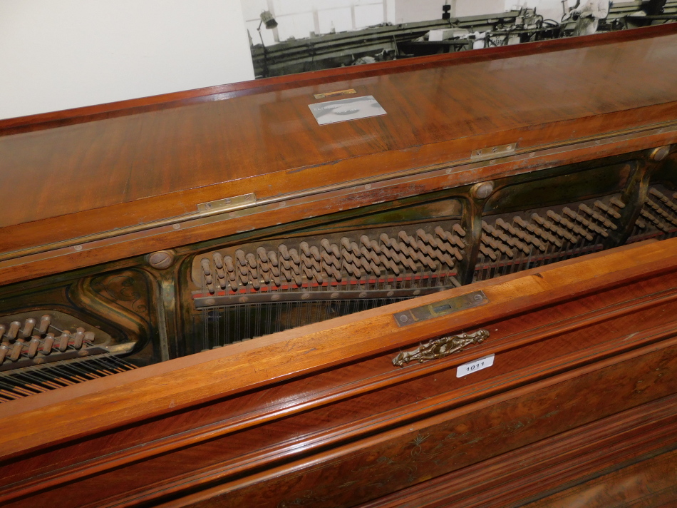 A Victorian walnut cased upright piano, makers label lacking, with carved pilasters, memorial plaque - Image 3 of 3